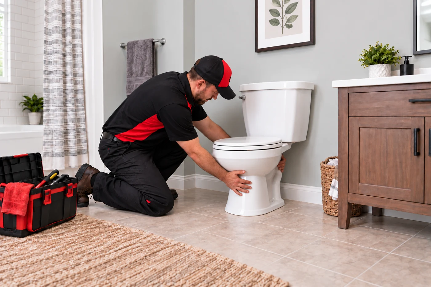 Technician carefully positioning a toilet